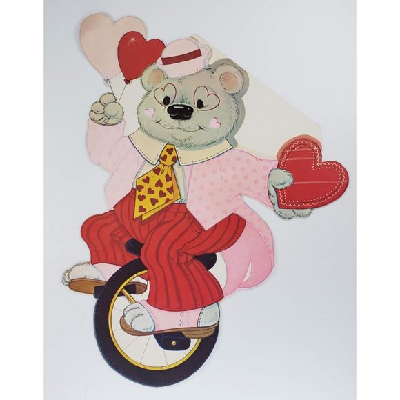 Vintage Peck Valentine's Day Die Cut Bear Unicycle Decoration Flocked 1987 - Picture 2 of 4